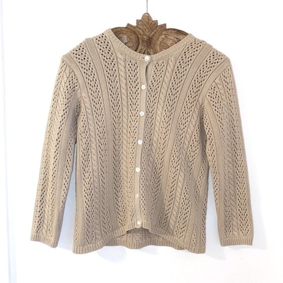 VINTAGE EDDIE BAUER Granny Coastal Grandma Preppy Pointelle Cable Knit Cardigan - Picture 2 of 5